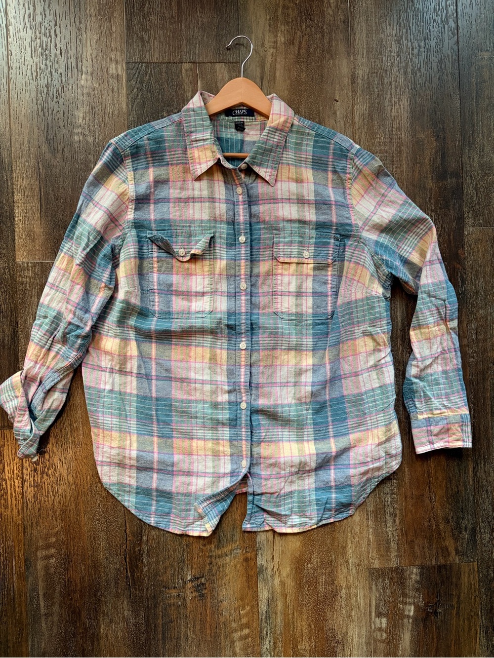 Chaps Women’s Pastel Plaid Long Sleeve Button-Up  Linen/Cotton, XL Preppy